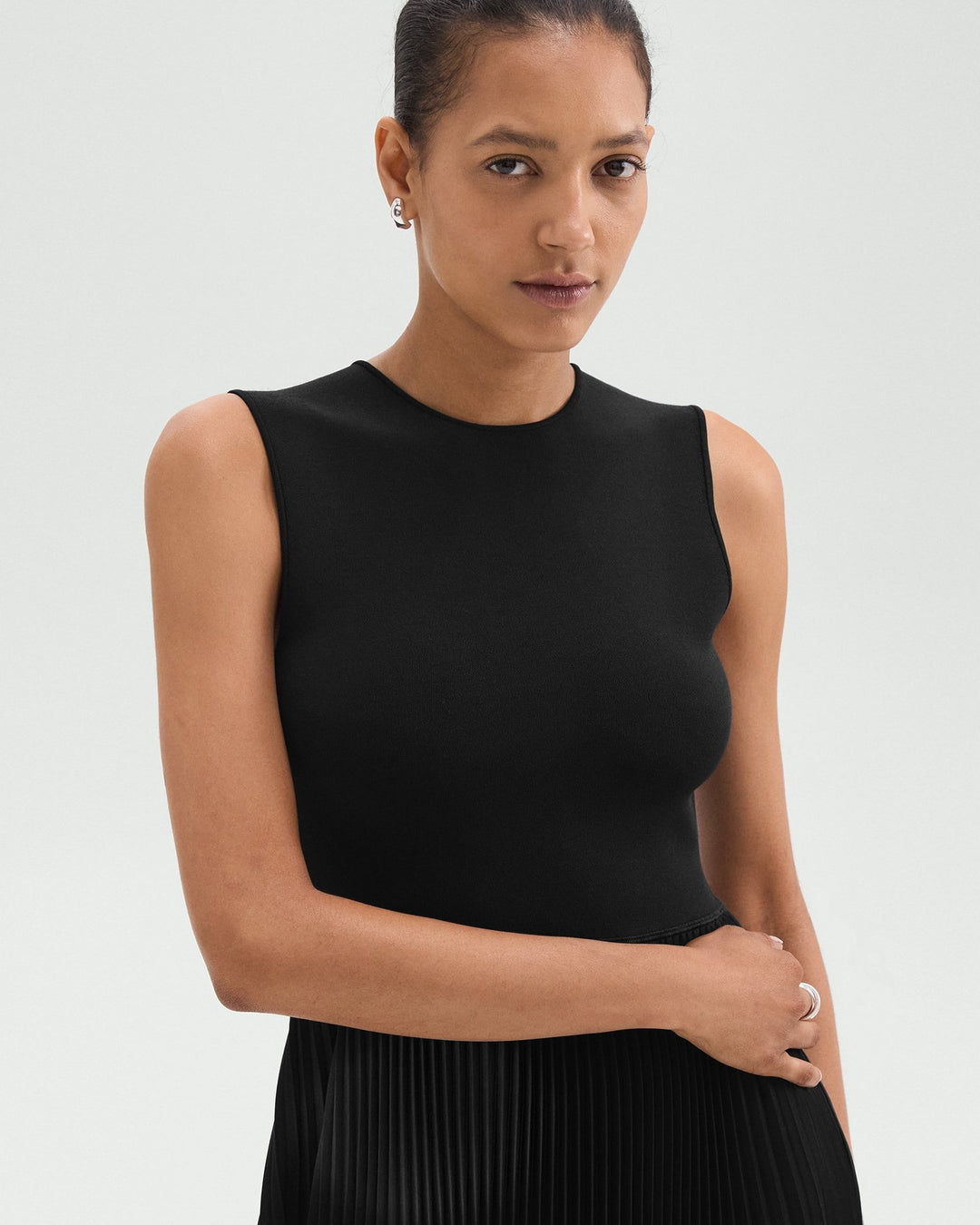 Pleated Combo Dress in Textured Satin