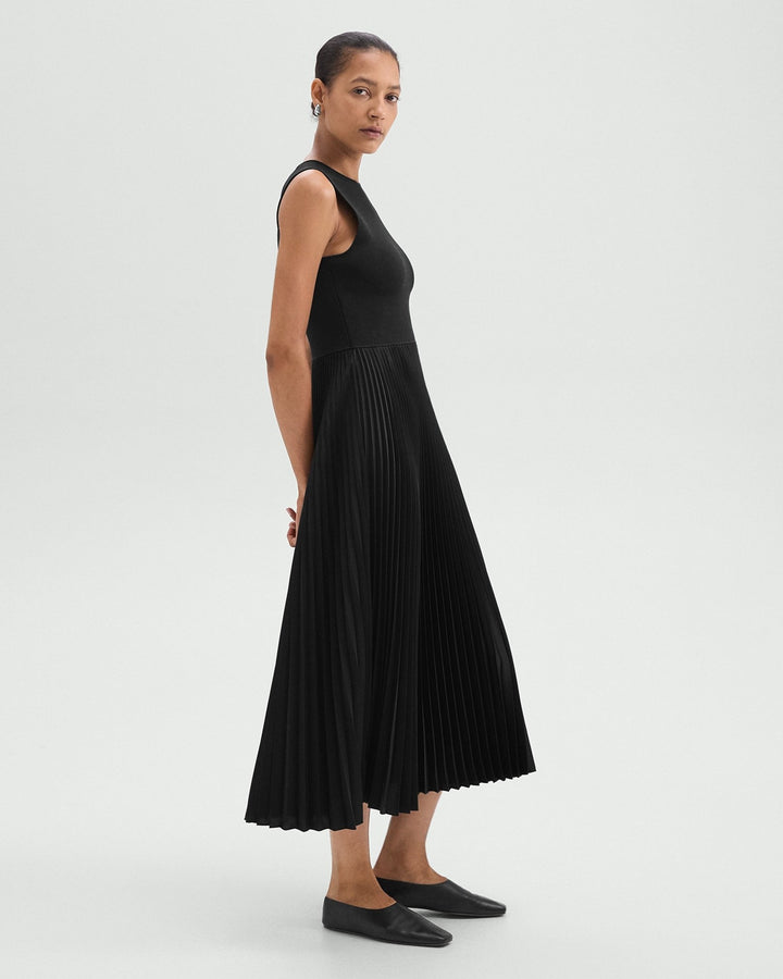 Pleated Combo Dress in Textured Satin