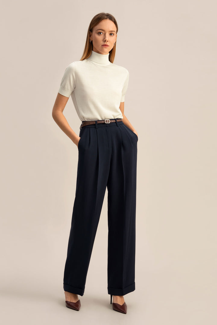 Timeless Pleated Wide-Leg Dense Silk Trousers - Midnight