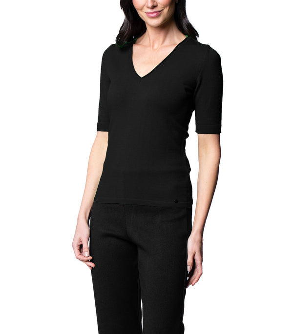 Veneta Short Sleeve V-Neck Top - Black