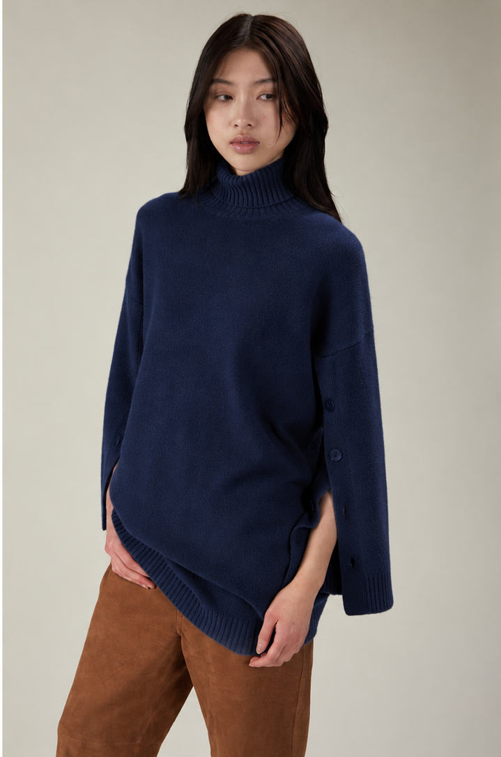 Merino Button Sleeve Turtleneck - Navy