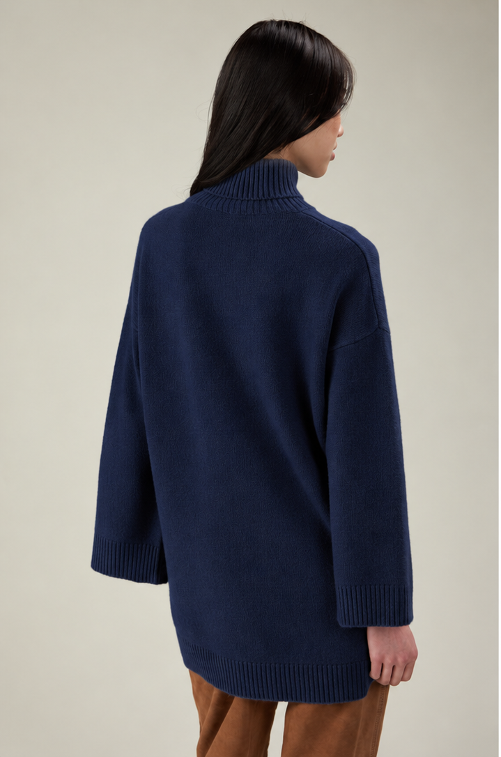 Merino Button Sleeve Turtleneck - Navy