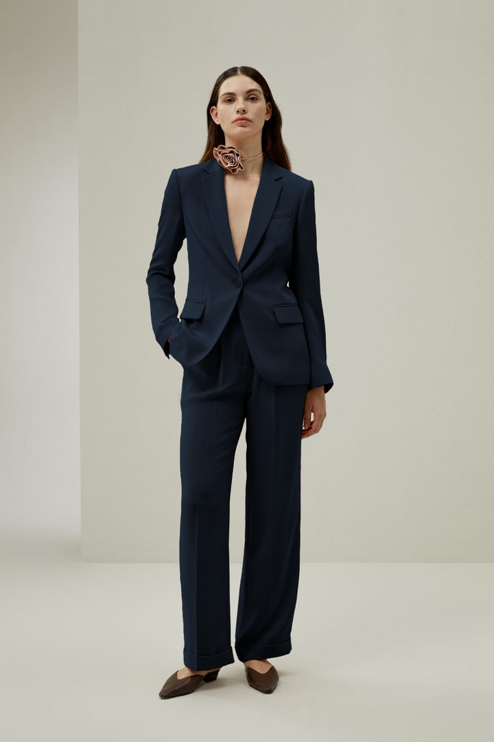 One Button Silk Blazer - Midnight Blue