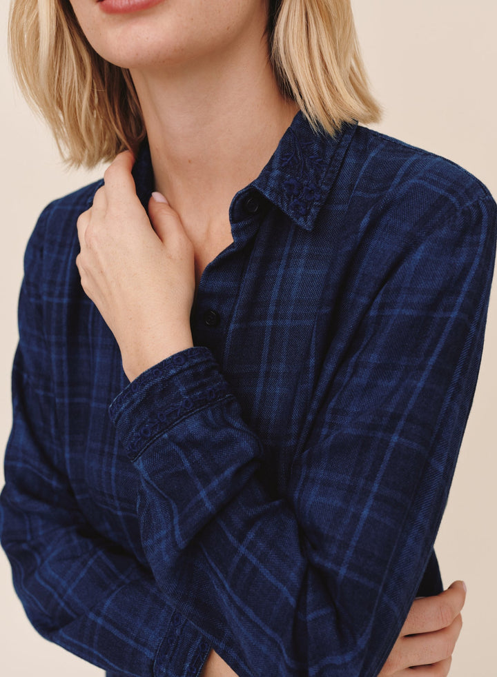 Embroidered Long Sleeve Shirt - Dark Indigo Plaid