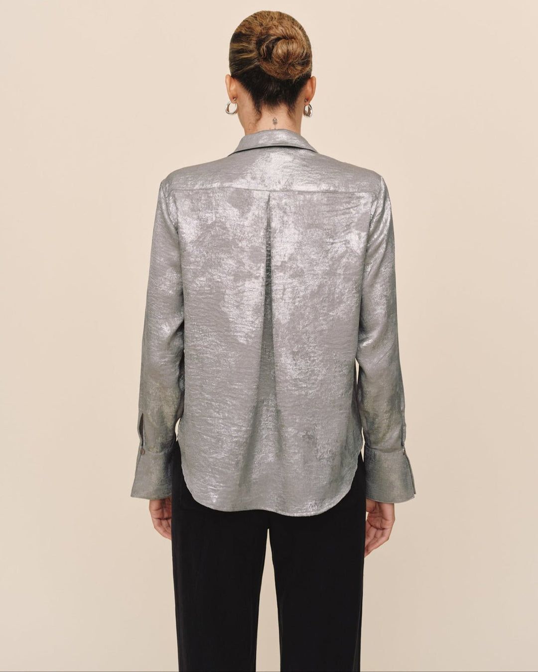 Flowy Wide Collar Button Down - Silver Distress Foil