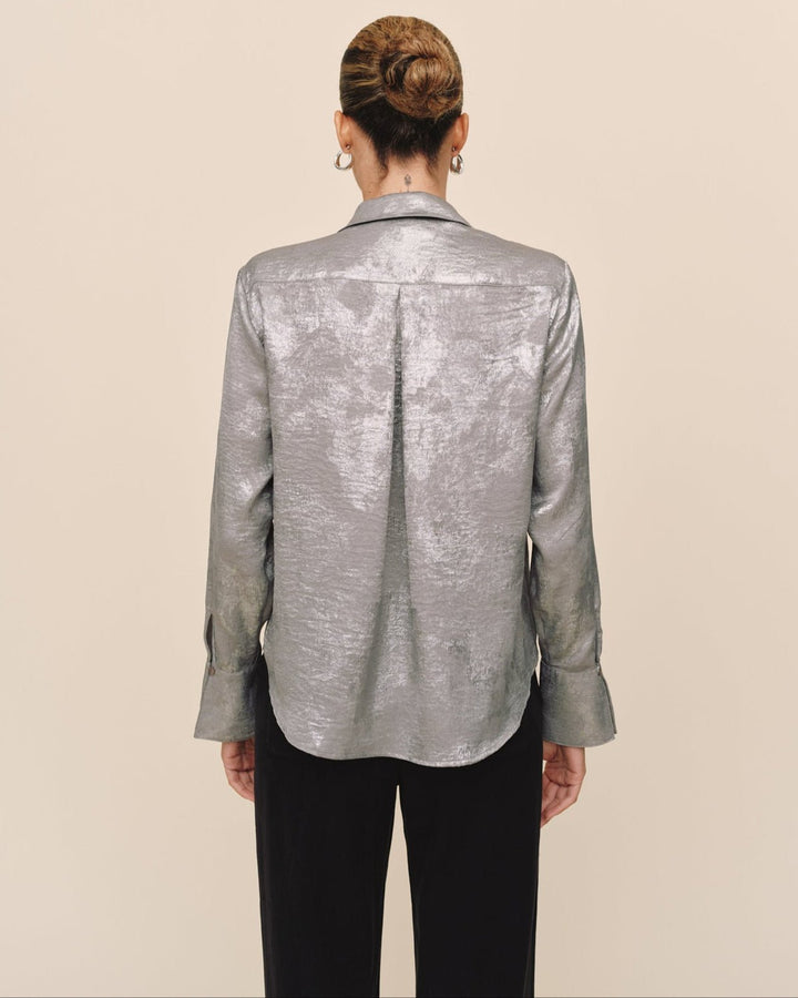 Flowy Wide Collar Button Down - Silver Distress Foil