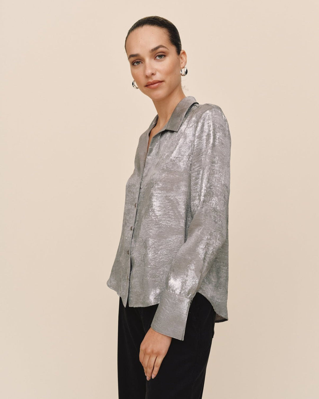 Flowy Wide Collar Button Down - Silver Distress Foil