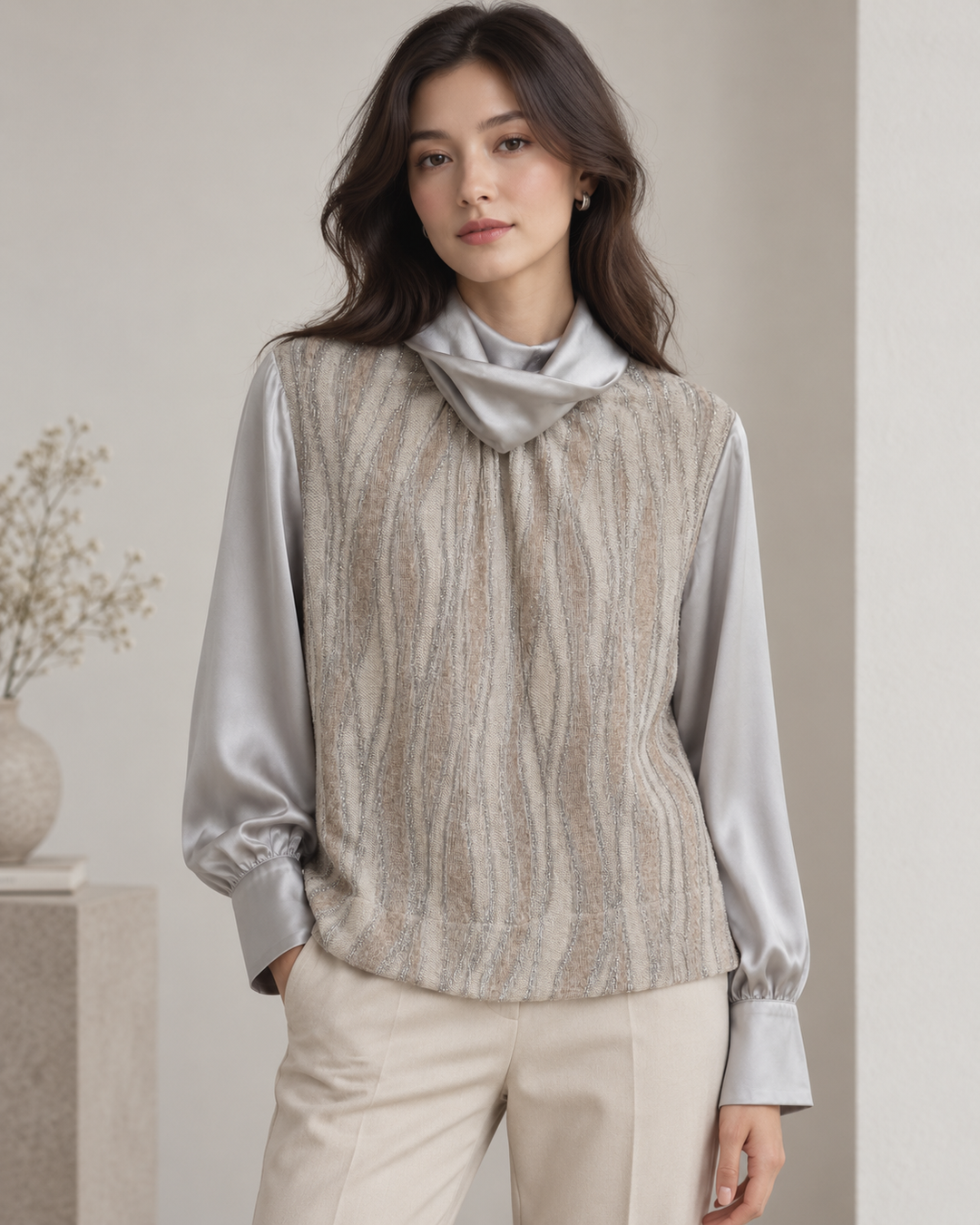Knit Front Silk Top - Dove