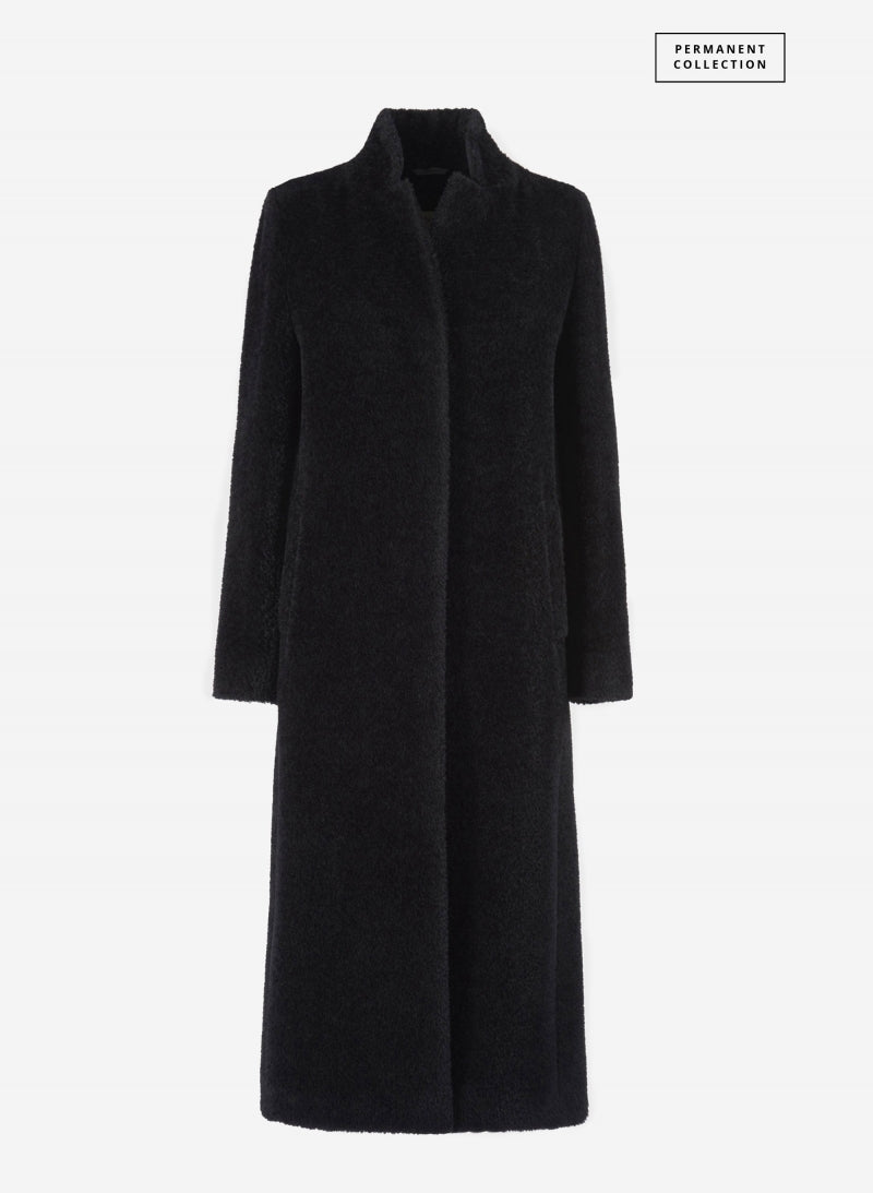Maxi Black Coat In Wool And Alpaca With Inverted Lapel Collar