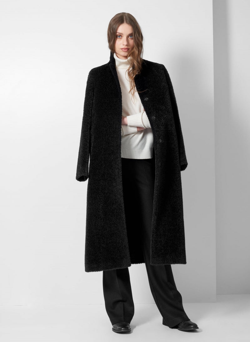 Maxi Black Coat In Wool And Alpaca With Inverted Lapel Collar