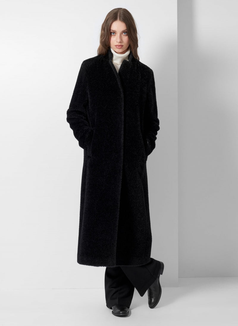 Maxi Black Coat In Wool And Alpaca With Inverted Lapel Collar