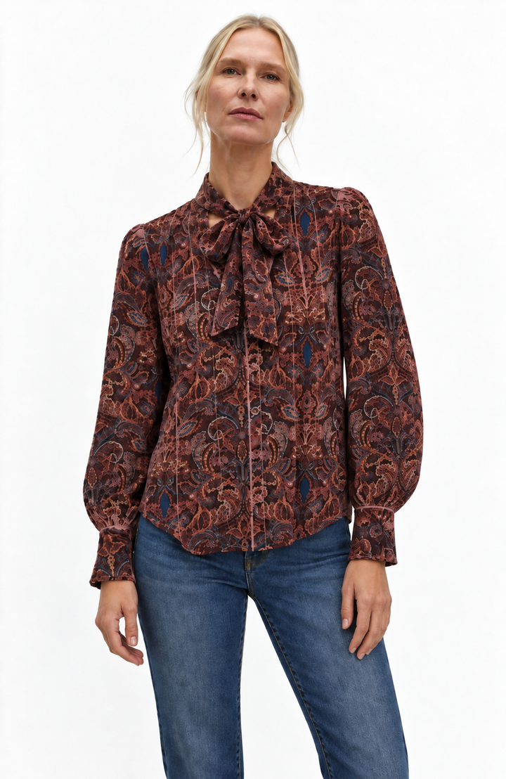 Printed Long Sleeve Chiffon Blouse - Brown Multi