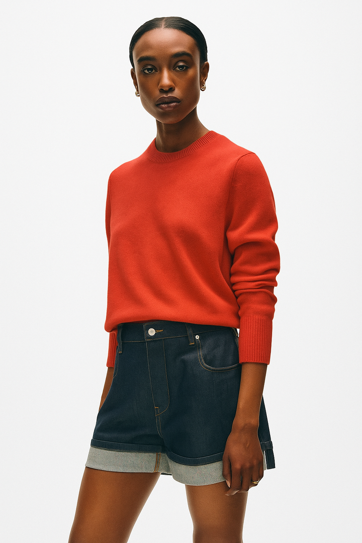 Cashmere Rib Trim Crewneck Sweater - French Red