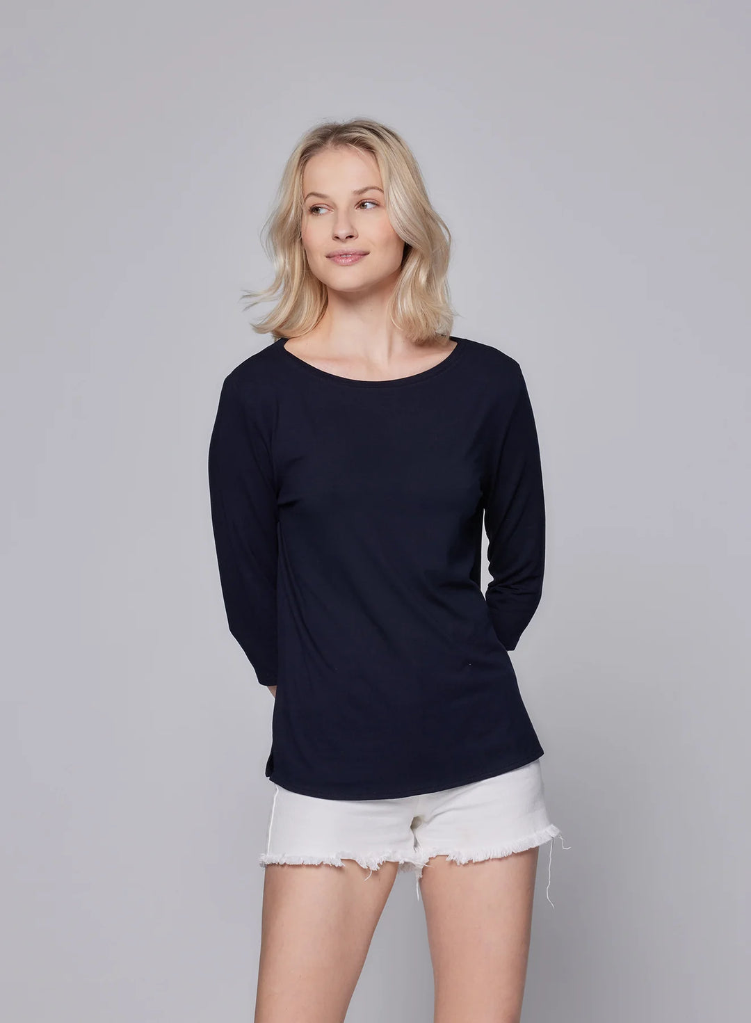 Soft Touch 3/4 Sleeve Pleat Back Crewneck