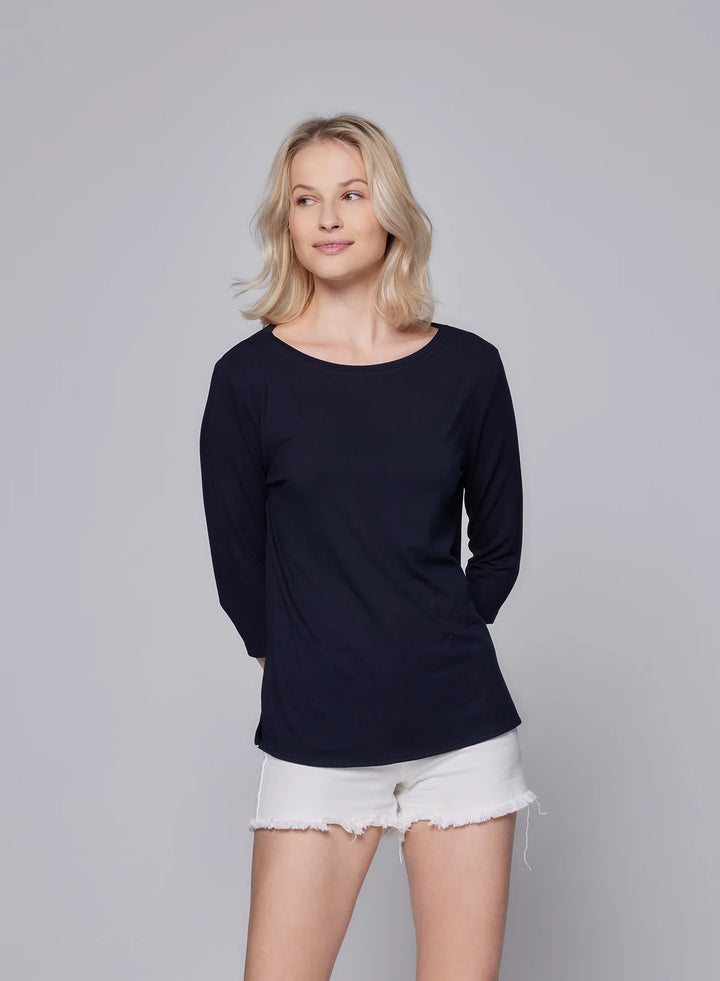 Soft Touch 3/4 Sleeve Pleat Back Crewneck