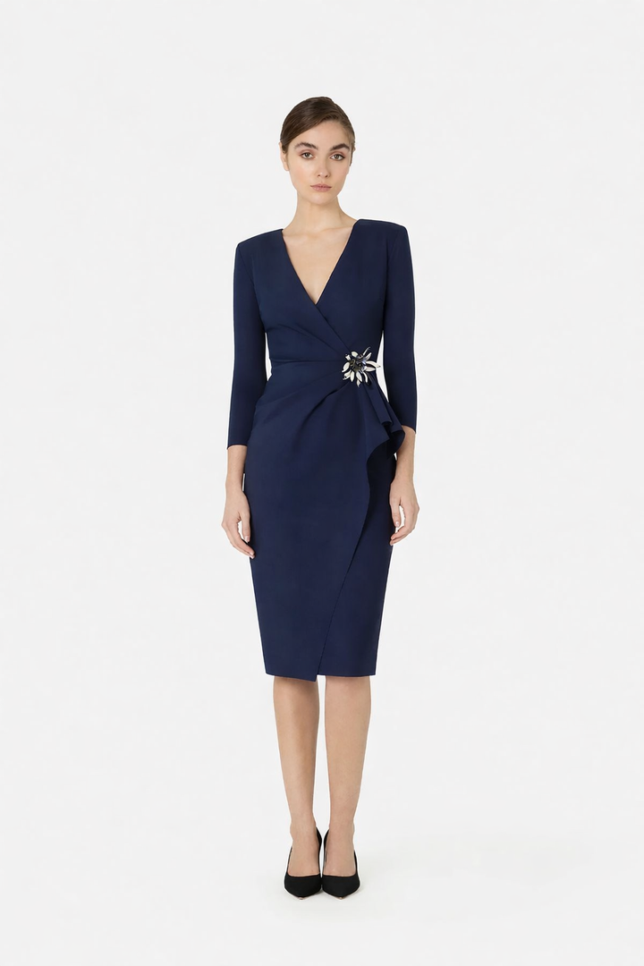 Zuhur Long Sleeve V-Neck Dress - Blu Notte